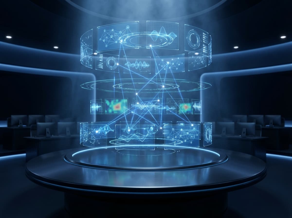 Futuristic security orchestration platform with blue-lit holographic dashboards and unified data streams