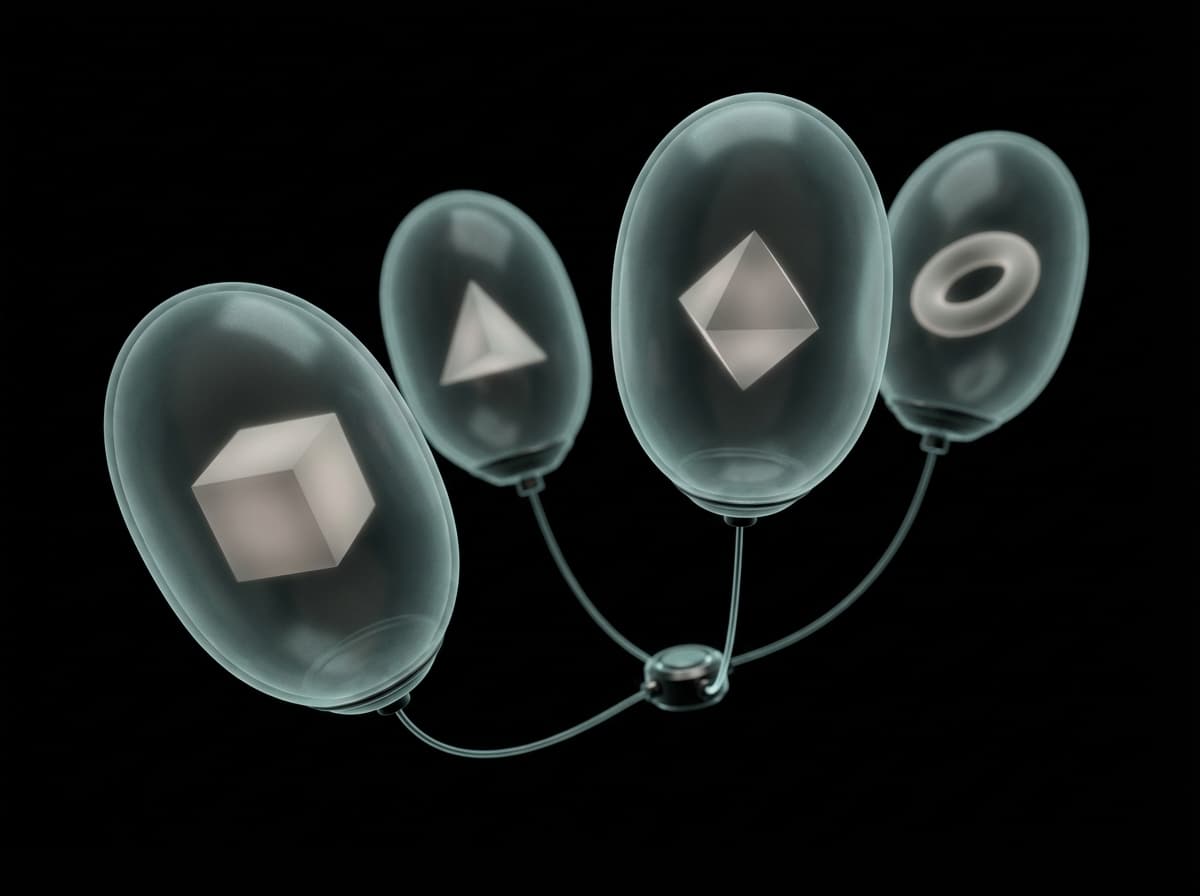 Isolated application containers floating within protective teal-gray barriers