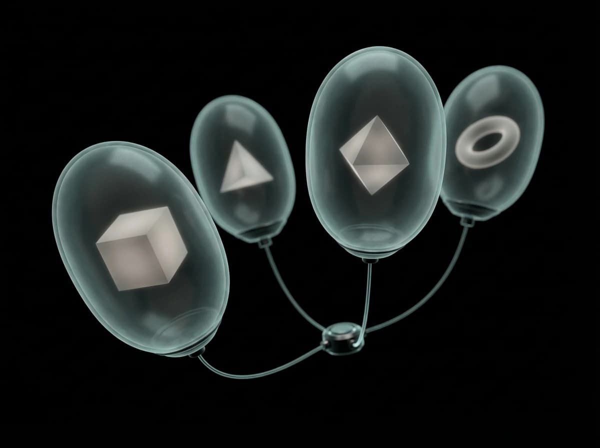 Isolated application containers floating within protective teal-gray barriers