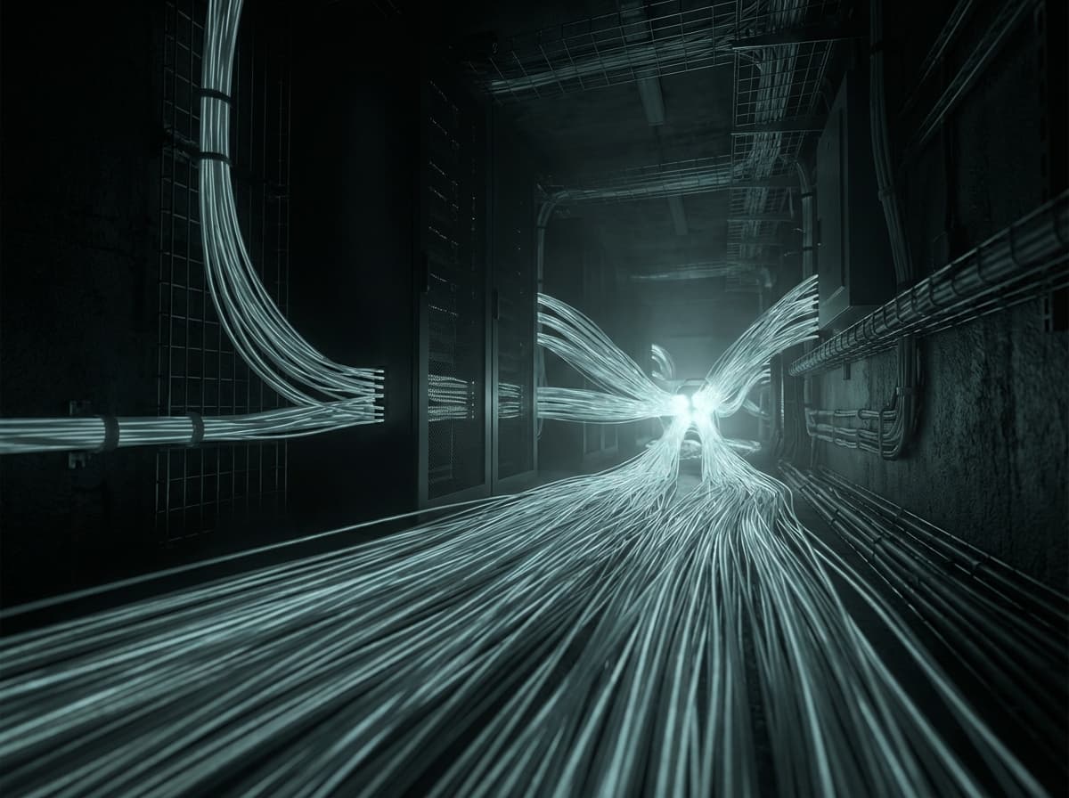 Luminous fiber optic pathways converging through dark infrastructure