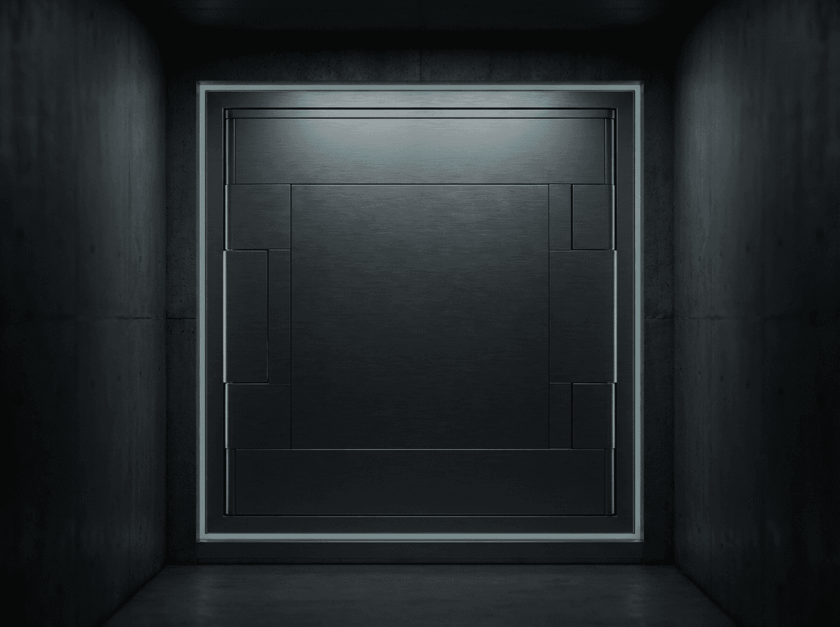 Fortified digital vault with muted teal energy barriers in darkness