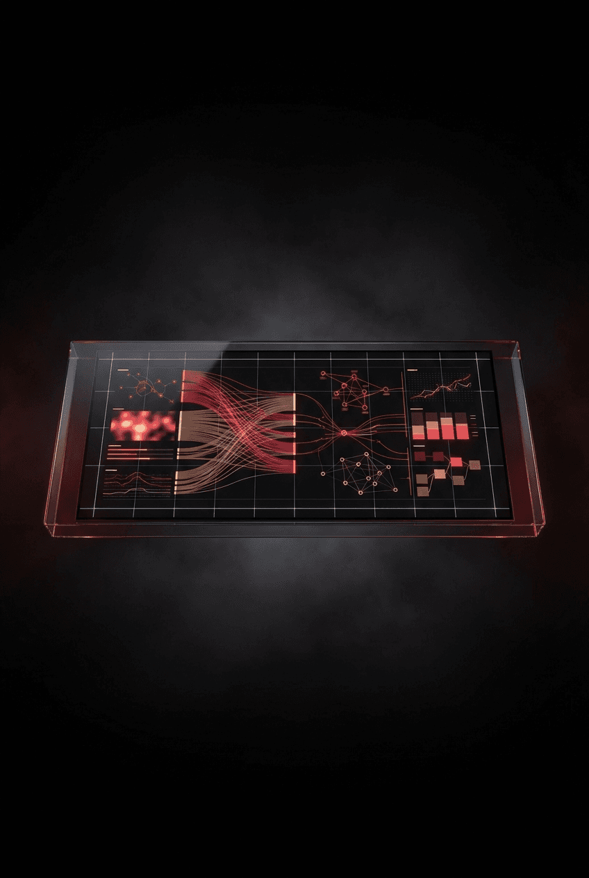 Ultra-wide glass display showing interconnected data panels and heat maps