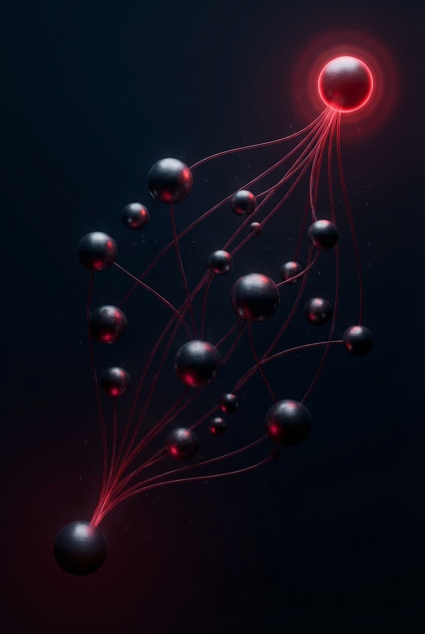 Abstract 3D network topology with luminous crimson threads tracing exploit paths