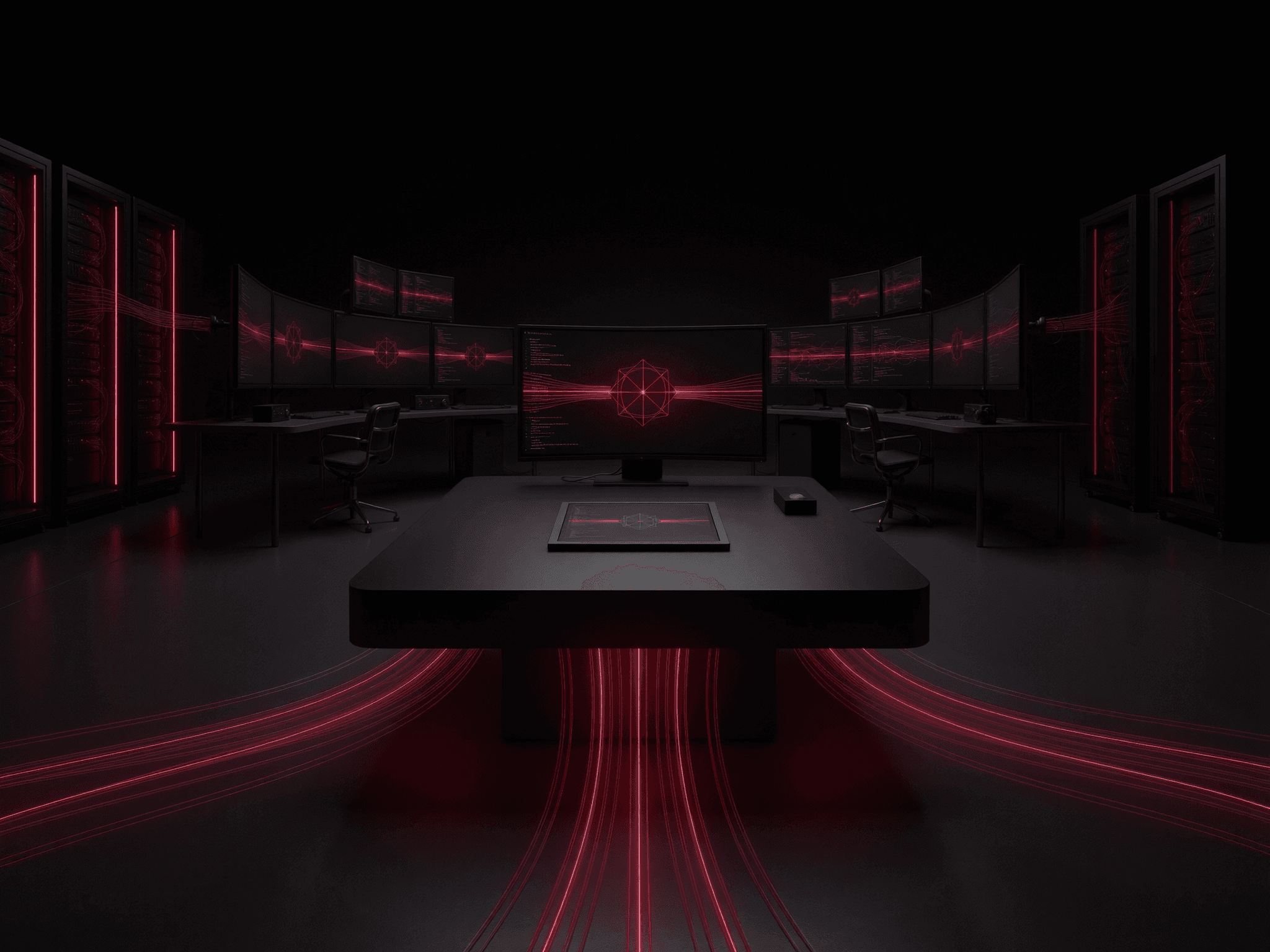 Shield hologram with scanning grid overlay in moody crimson-black tones