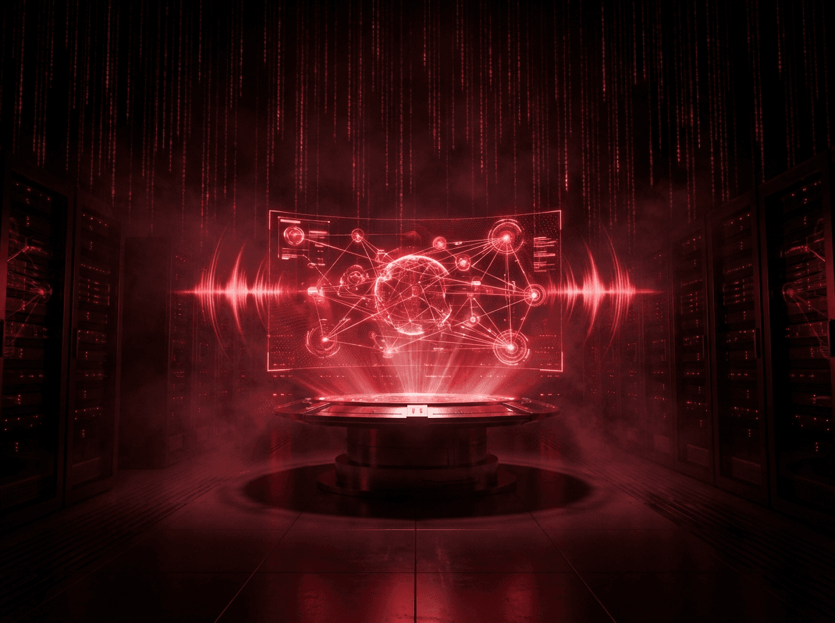 Dark command center with crimson-lit penetration testing interface and attack path visualizations