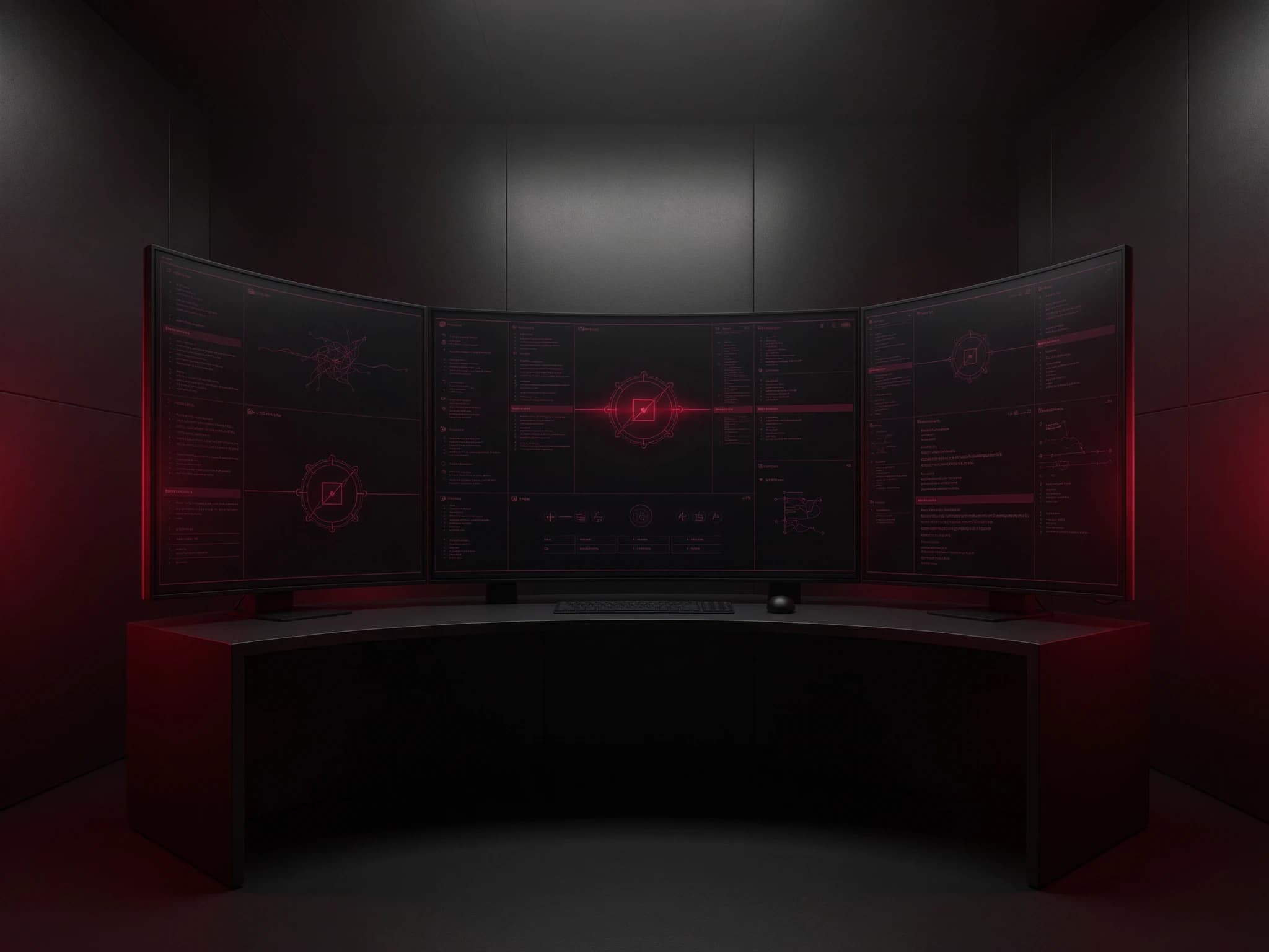 Command center with curved monitors showing security dashboards