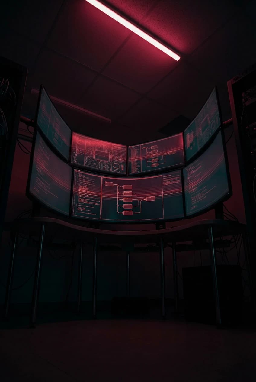 Dimly lit command center with cascading automated process pipelines on curved monitors