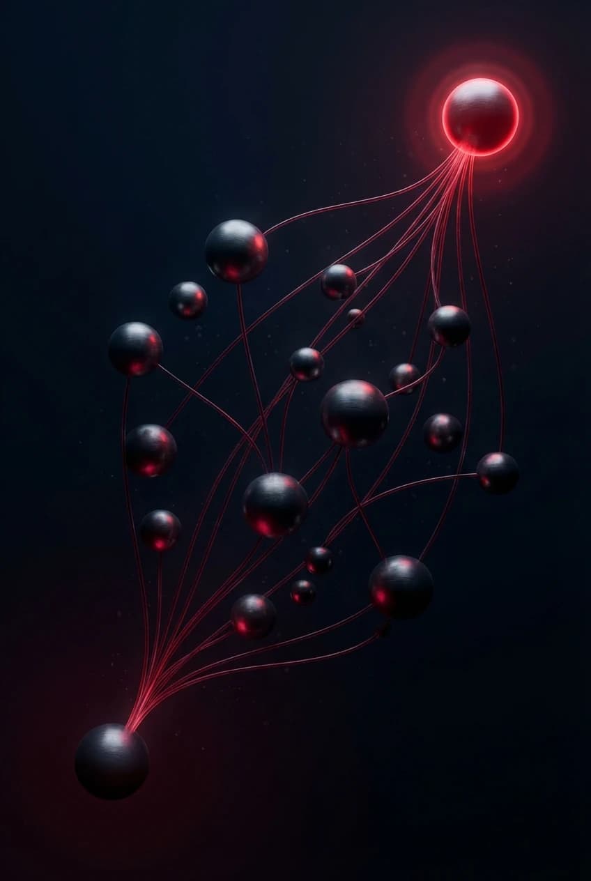 Abstract 3D network topology with luminous crimson threads tracing exploit paths