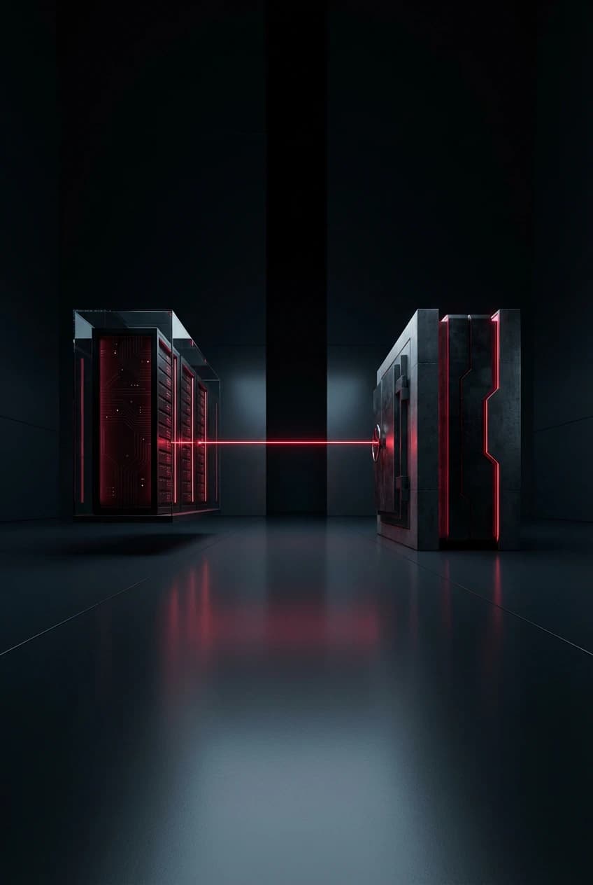 Two architectural forms — glass server rack and vault monolith — connected by crimson light