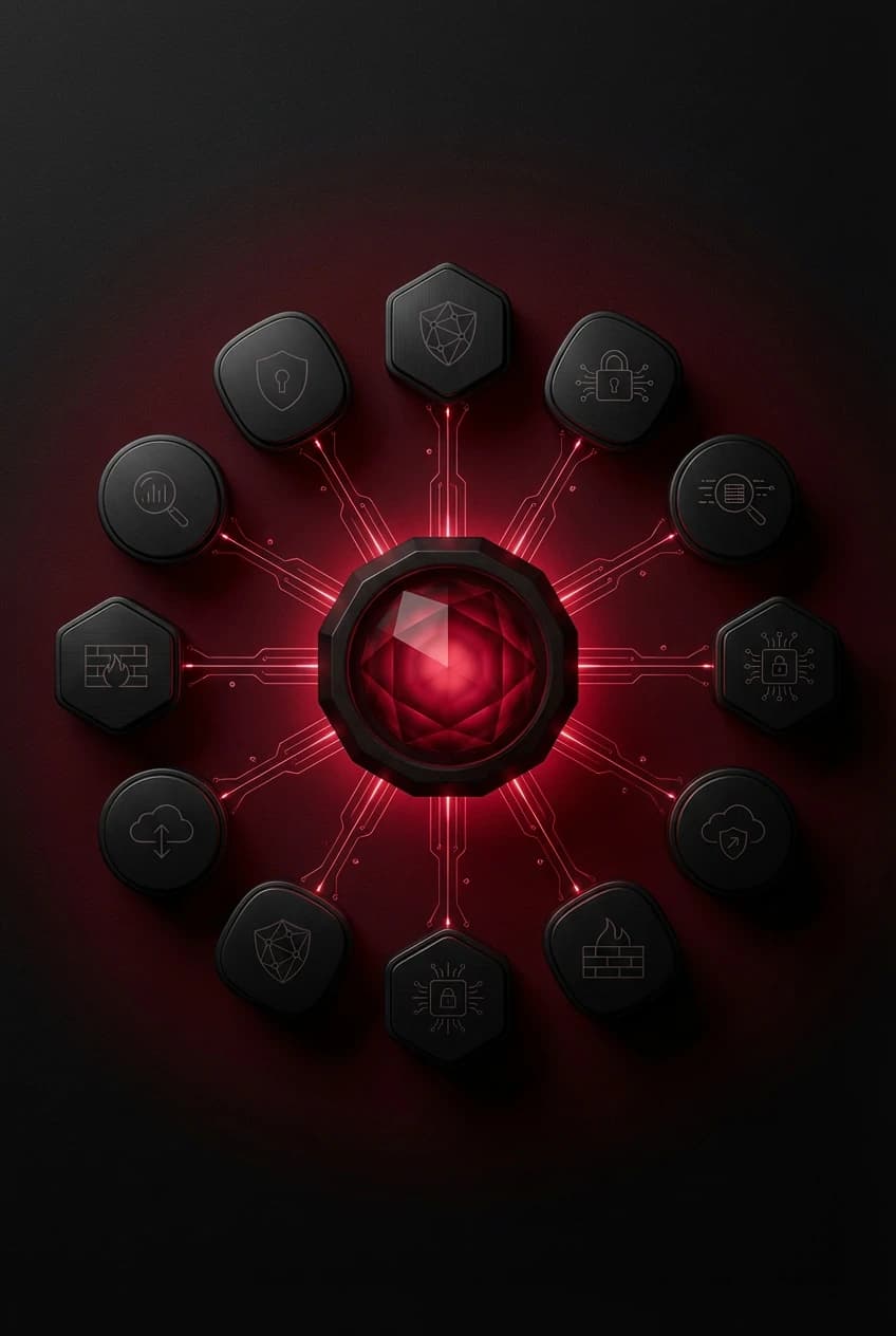 Overhead view of hexagonal tool modules orbiting a crimson-glowing core